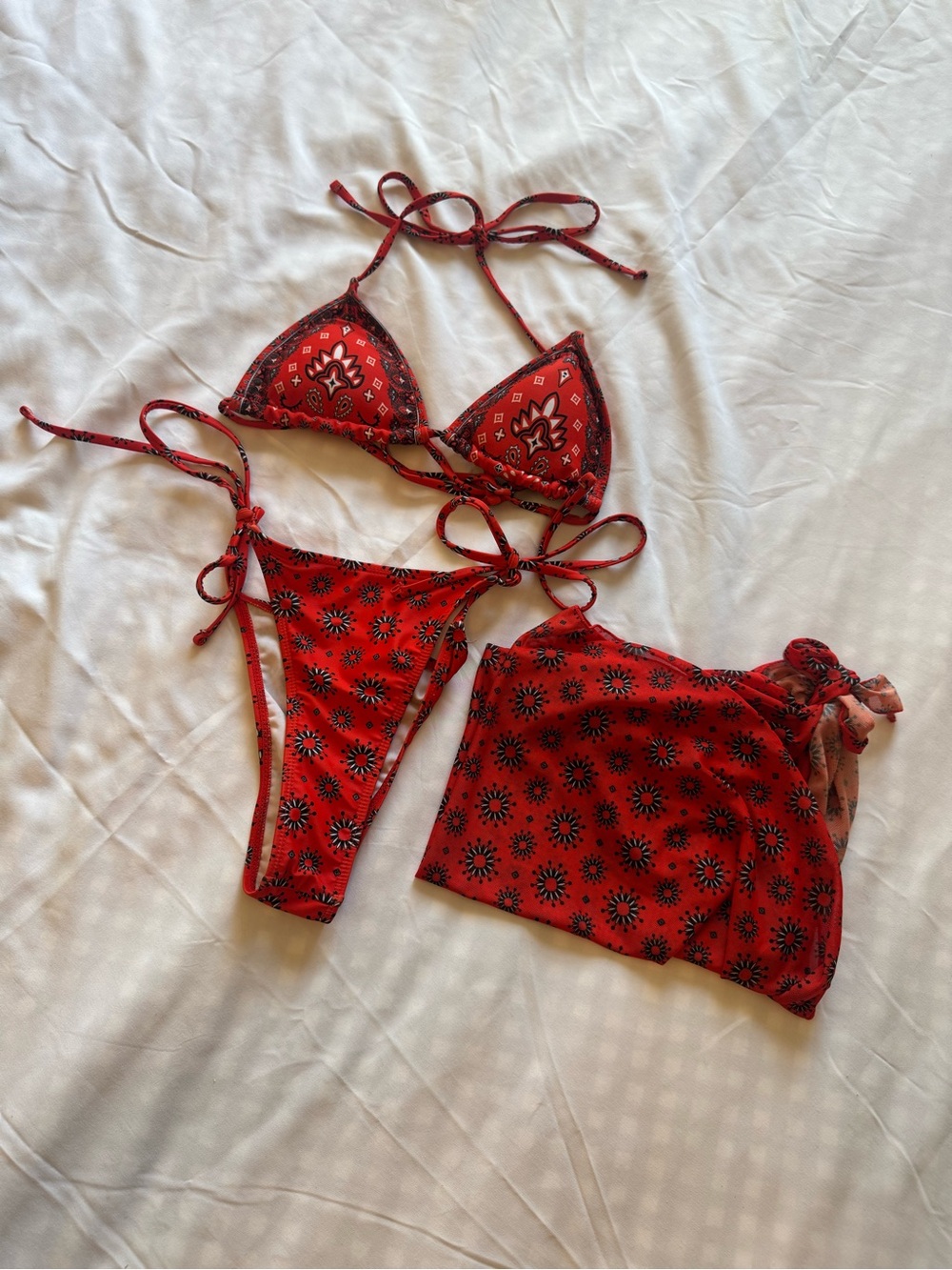 Red Bandana-Print Triangle Bikini Set with Sarong